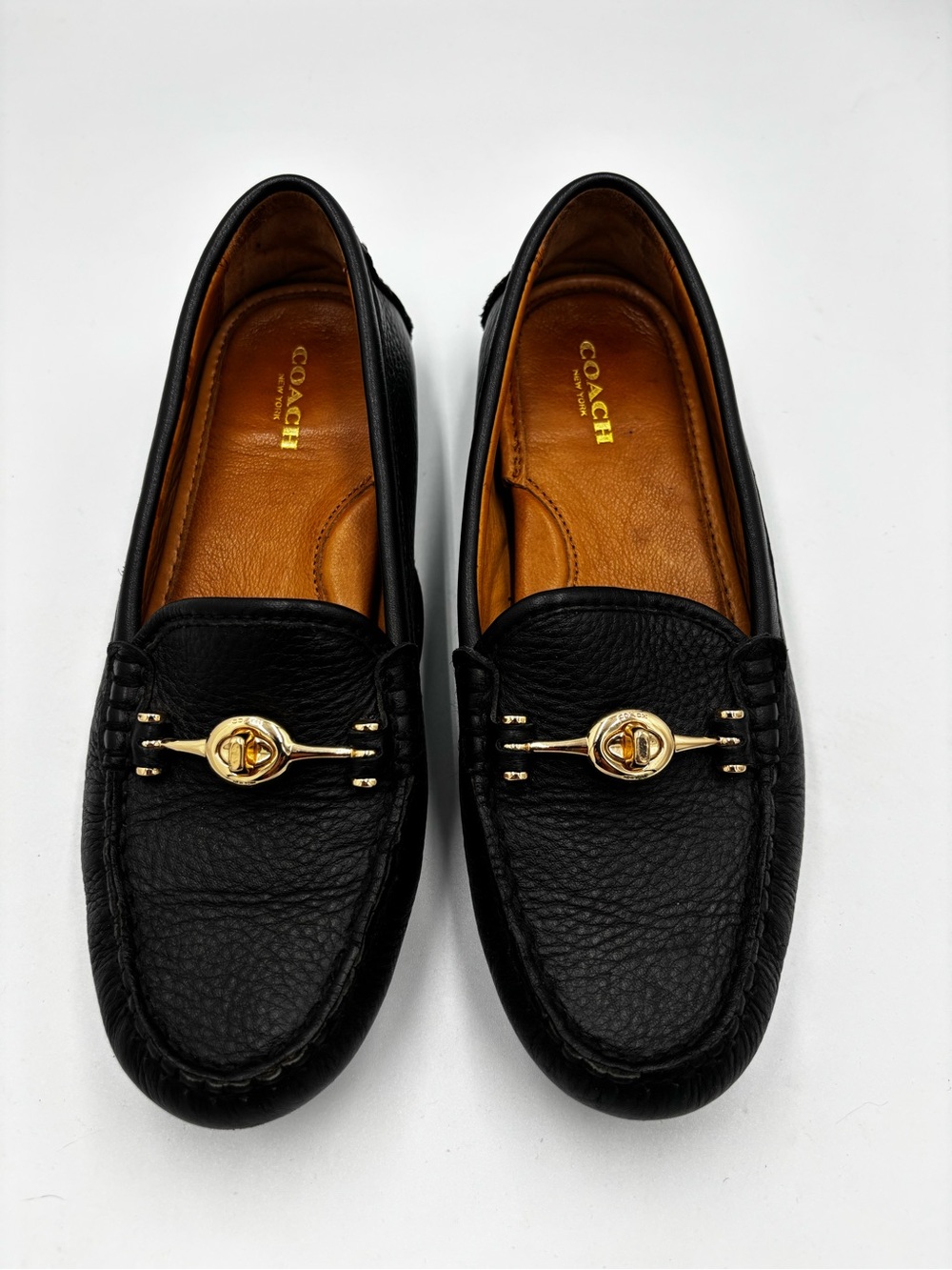 COACH Black Pebbled Leather Arlene Turnlock Driver Loafer Flats Gold Size 8B